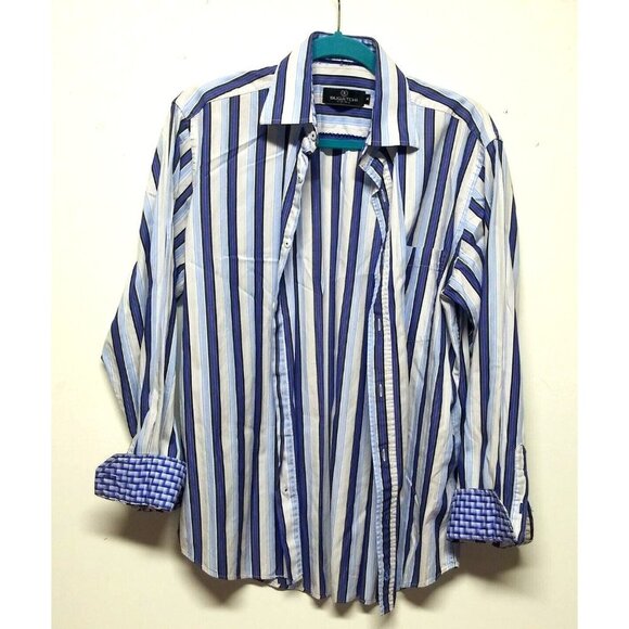BUGATCHI UOMO Shirt Sz M Striped Flip Cuffs geometric print blue white LS Cotton - Picture 4 of 10